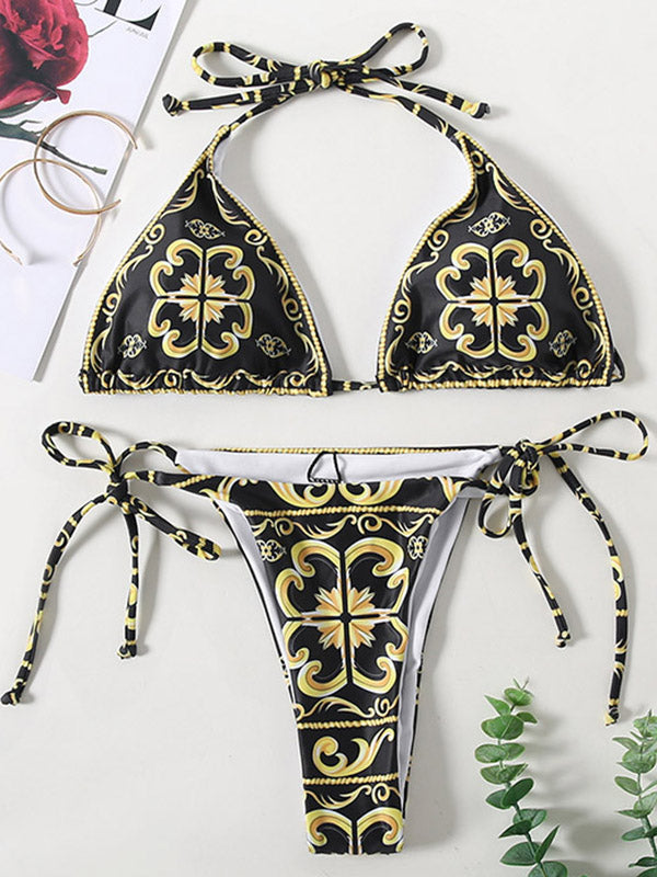 Floral-Print Bandage Hollow Sexy Bikini Swimwear