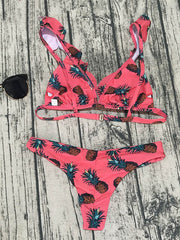 Floral Print Falbala Split Bikini Swimsuit