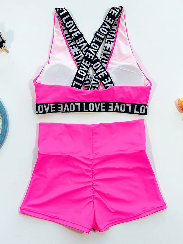 V-Neck Letter Print Bralette High-Waisted Sport Bikini Swimwear