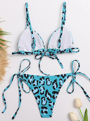 Leopard Print Backless Bandage Triangles Split Bikini Swimsuit