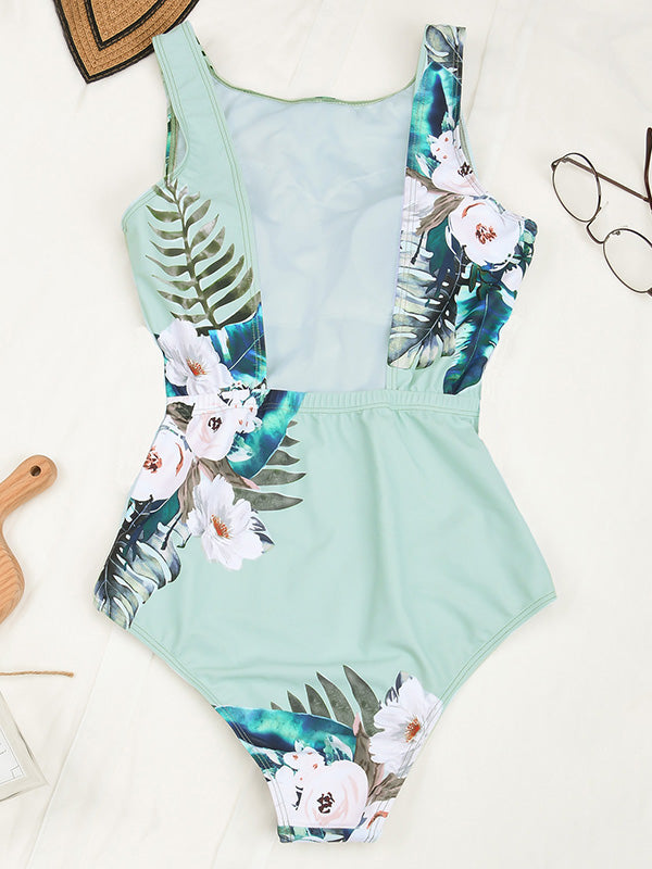 Fashion Sleeveless Floral Backless Padded One-Piece Swimwear