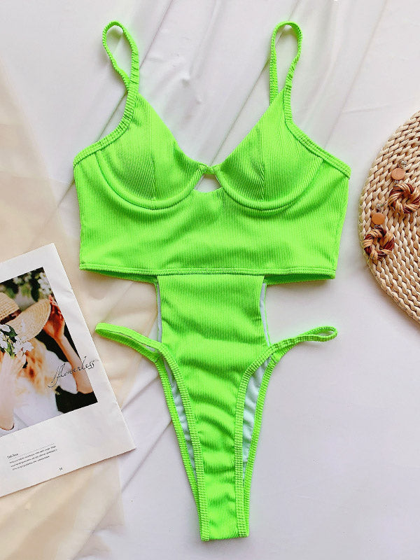 Fluorescent Spaghetti-Neck Padded Underwired One-Piece Monokini Swimwear