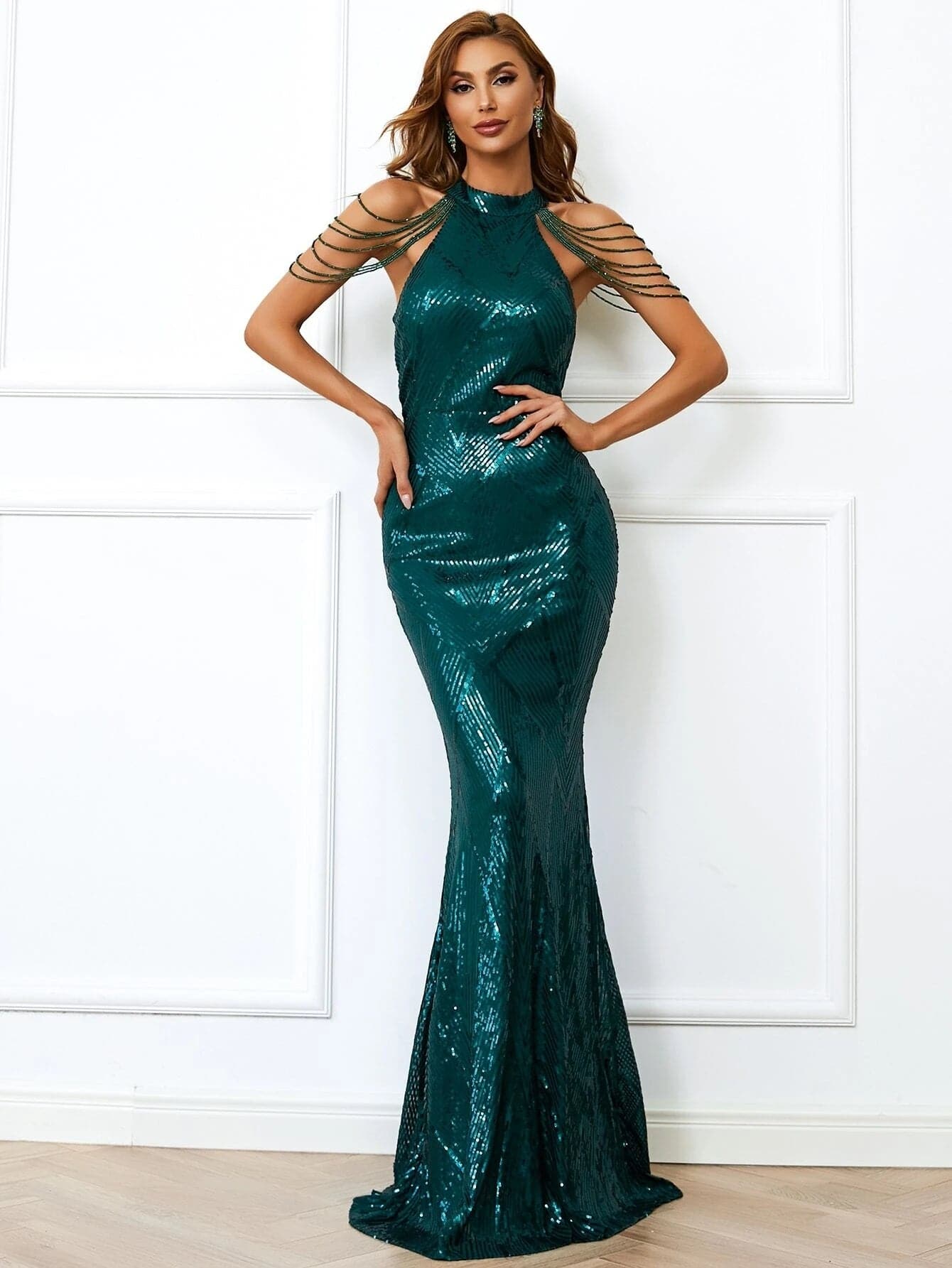 Halter Neck Sequin Mermaid Wine Prom Dress M01081