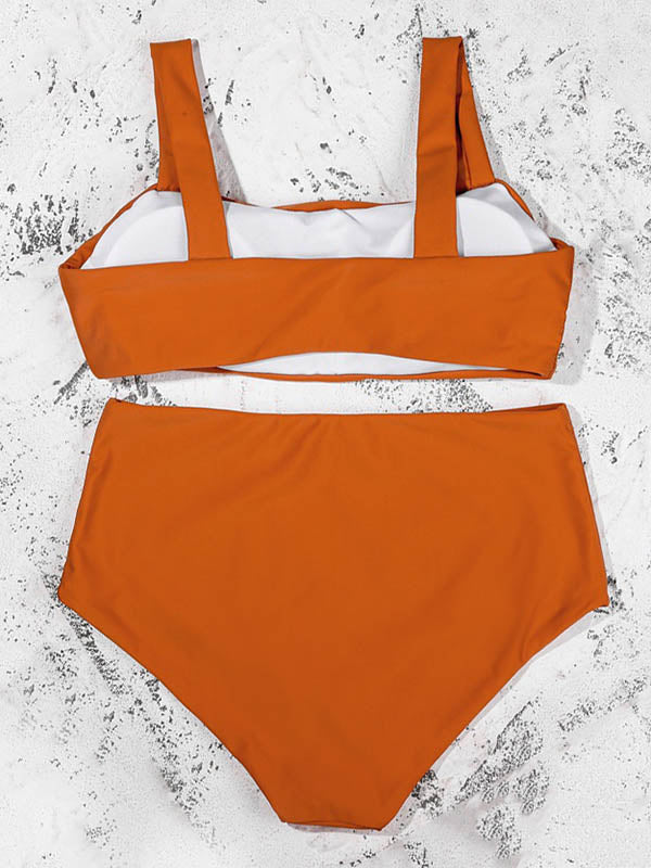 Solid Color Square-Neck Empire Split Bikini Swimsuit