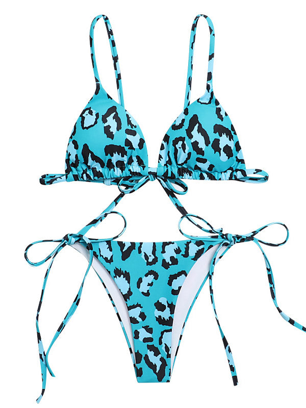 Leopard Print Backless Bandage Triangles Split Bikini Swimsuit