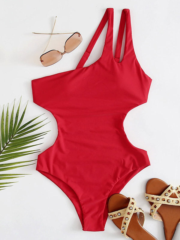 Solid Color One-Shoulder Bandeau Simple One-Piece Swimwear