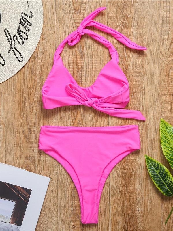 Popular Solid Color Sexy Halterneck Split Bikini Swimsuit