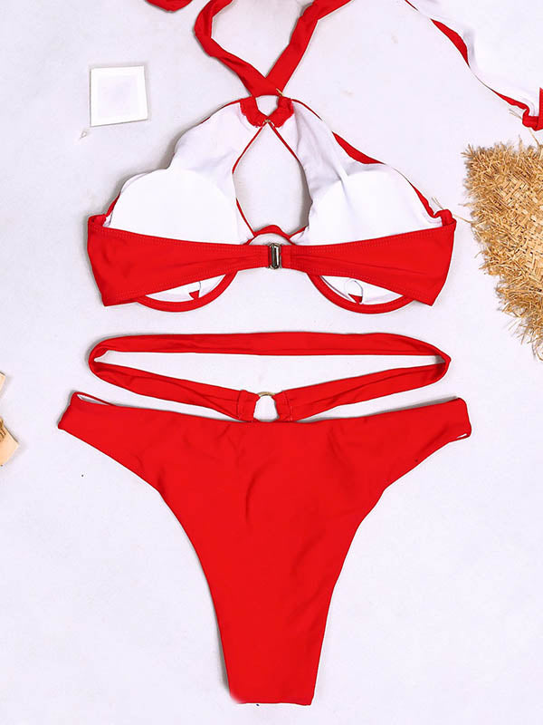 Solid Color Sexy Bandage Hollow  Split Bikini Swimsuit