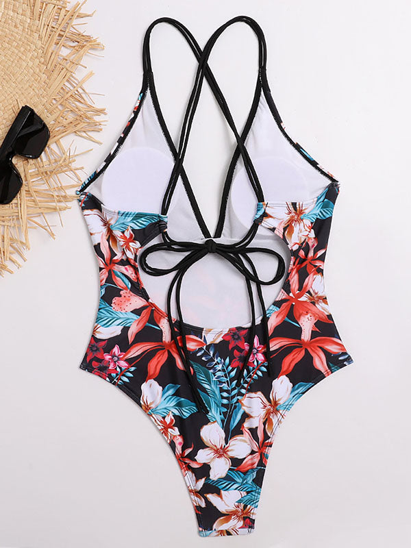 Floral-Print V-Neck Backless Tight One-Piece Swimwear