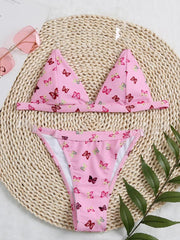 Floral-Print Triangles See-Through Spaghetti-Neck Split Bikini Swimsuit