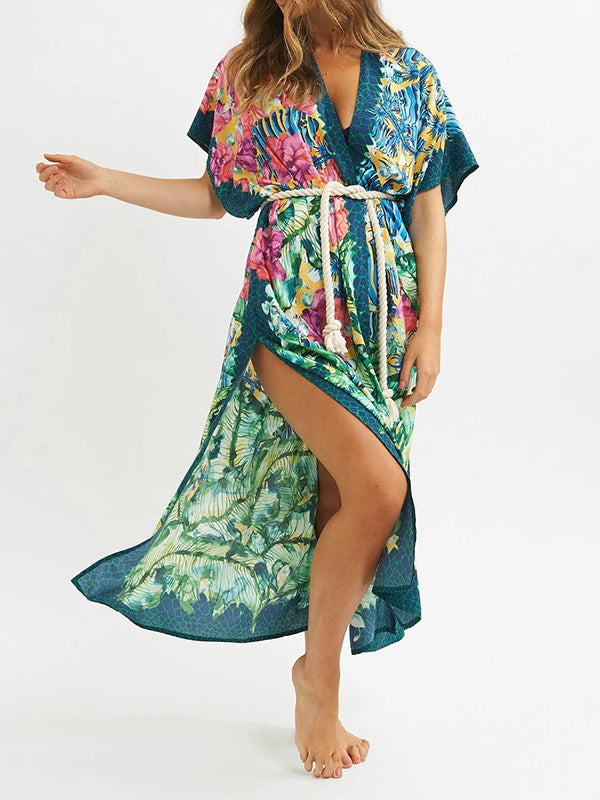 Floral-Print Belted Knotted Tunicshang Cover-Ups Tops