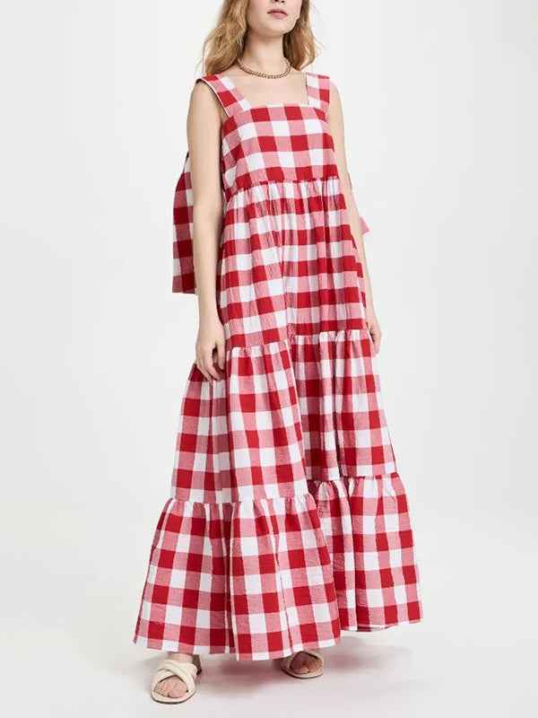 A-Line Loose Plaid Split-Joint Tied Square-Neck Maxi Dresses