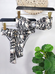 Sexy Bandeau Embellished Belted Split Bikini Swimsuit