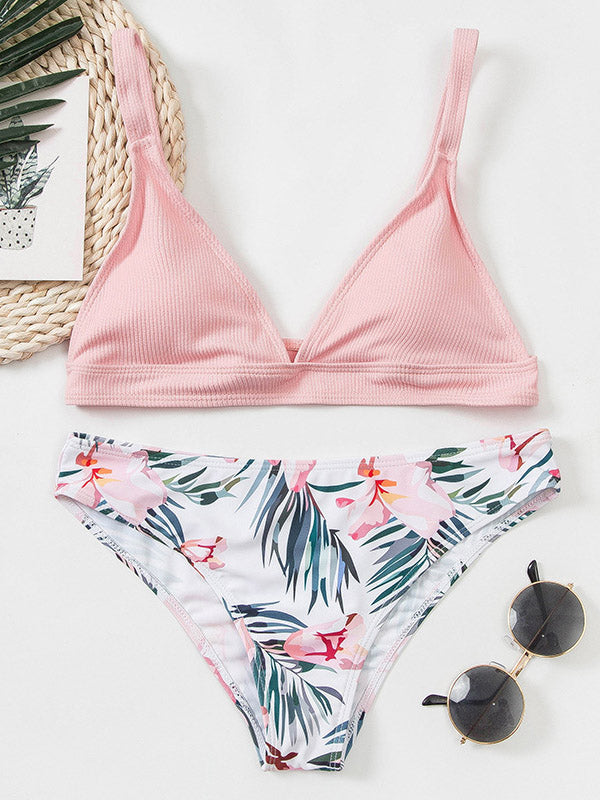 Color-Block Floral-Print Small Fresh Split Bikini Swimsuit