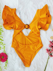 Falbala Solid Color V Back Monokini Swimwear