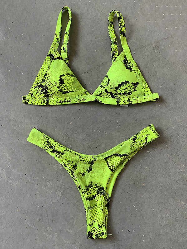 Snake-Print Triangles Split Bikini Swimsuit