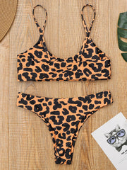 Leopard Print Spaghetti-Neck Split Bikini Swimsuit