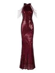 Halter Neck Sequin Mermaid Wine Prom Dress M01081