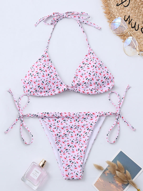 Floral-Print  Triangles Bandage Split Bikini Swimsuit