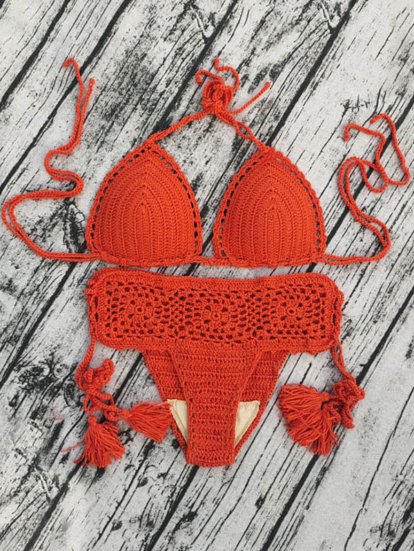 Crochetgo – Bikini-Badeanzug mit Schlitz und hohlen Dreiecken 