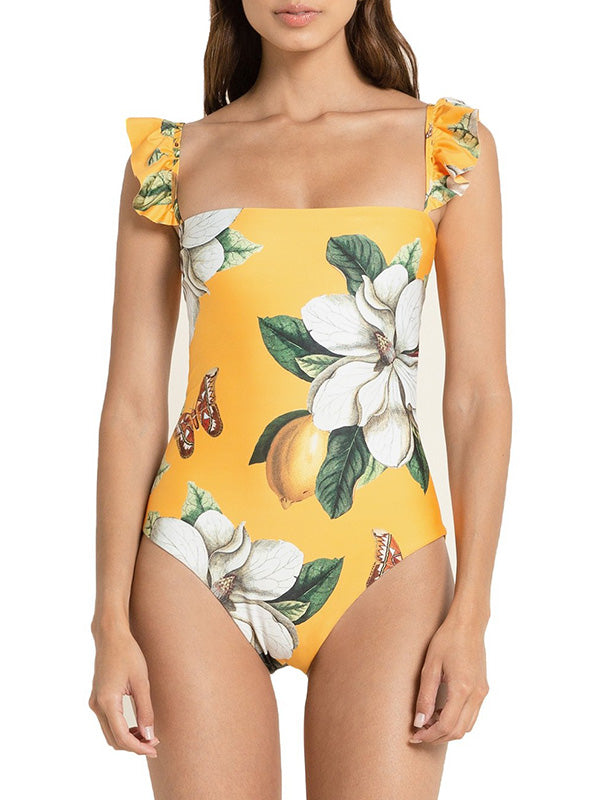 Floral Print Sleeveless Falbala One-Piece Swimwear