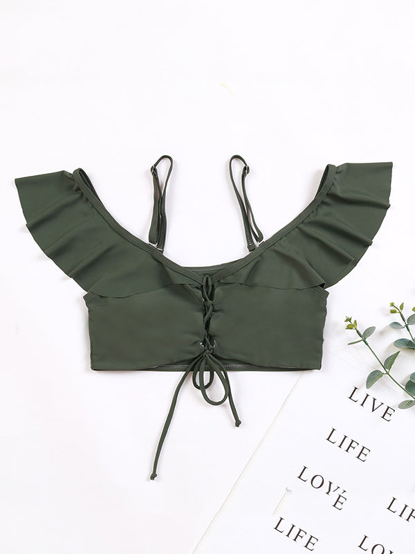 Solid Color Off-The-Shoulder Flared Sleeves Split Bikini Swimsuit