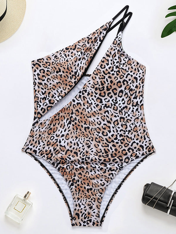 One-Shoulder Sexy Leopard Print Hollow Tight One-Piece Swimwear