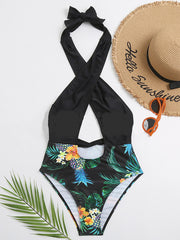 Floral-Print Split-Joint Backless Halterneck One-Piece Swimwear