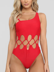 Solid Color Hollow Bandage One-Shoulder One-Piece Swimwear