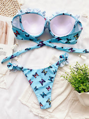 Bandeau-Bikini-Badeanzug mit Schlitz, Blumenmuster, Rüschen, Bügel 