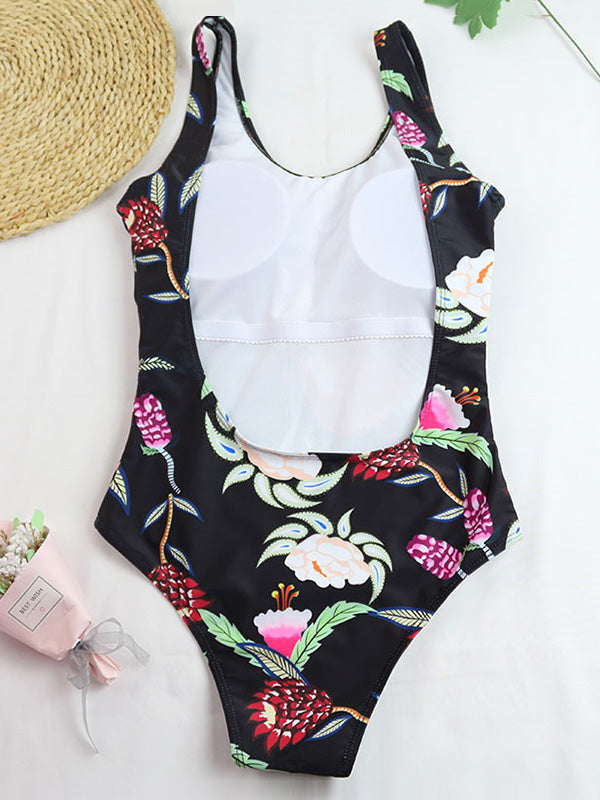 Floral Sleeveless Elasticity Backless One-Piece Swimwear