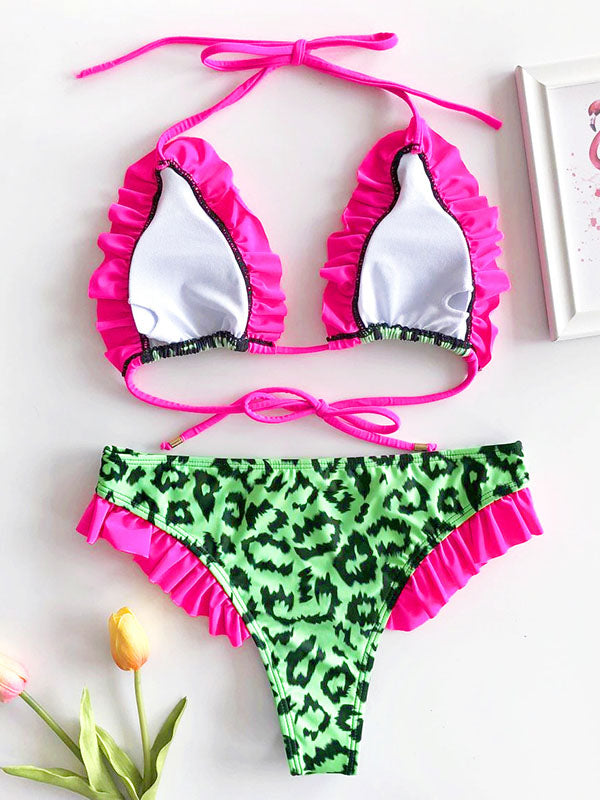 Leopard Falbala Triangles Hipster Halterneck Bikini Swimwear