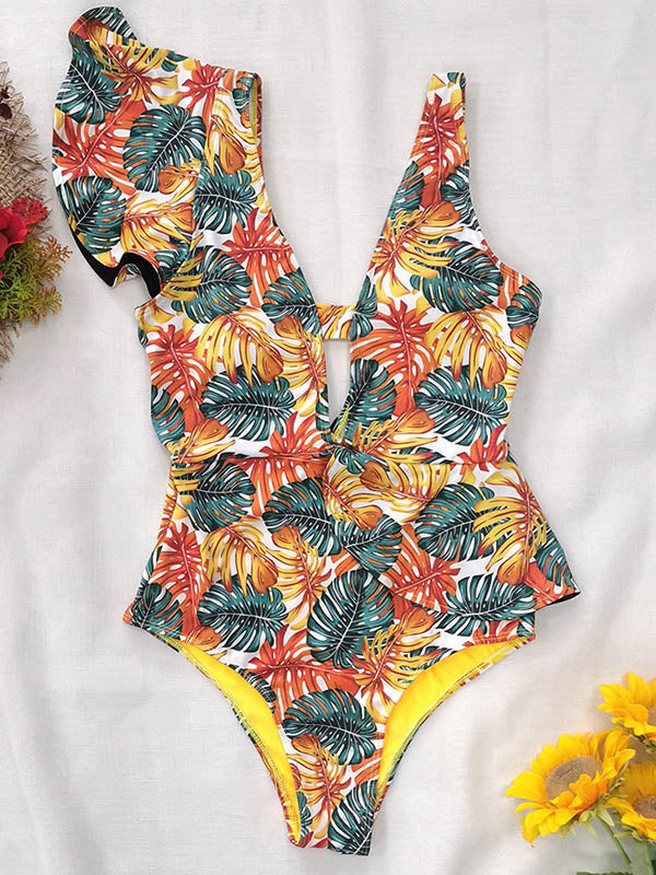 Ruffled Floral V-Neck One-Piece Swimwear