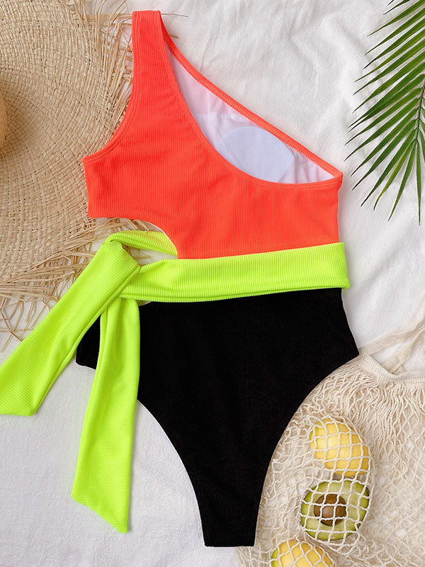 Contrast Color Split-Joint  One-Shoulder Hollow Bandage One-Piece Swimwear