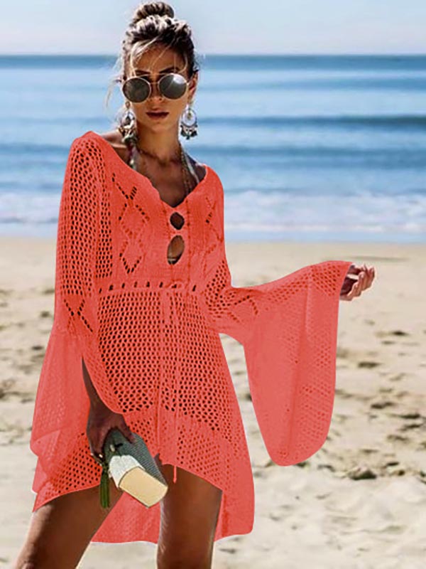 Flared Sleeves Crochet Swimwear Cover-Ups