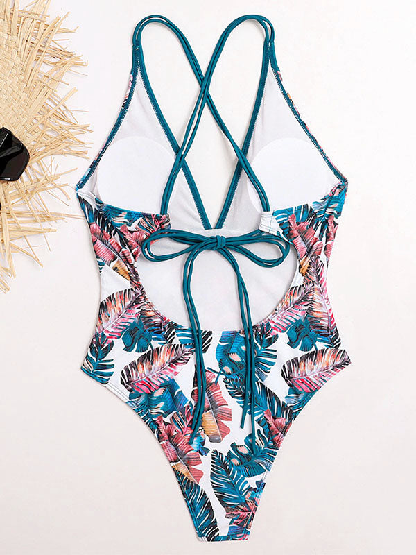 Floral-Print V-Neck Backless Tight One-Piece Swimwear