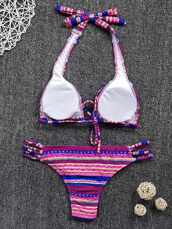 Hawaii Style Halterneck Deep V-Neck Split Bikini Swimsuit