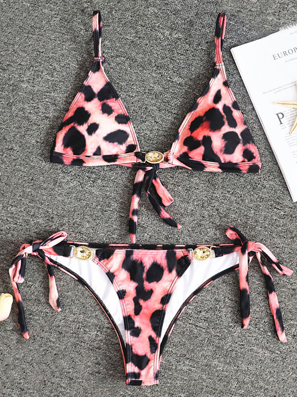 Beaded Decorated Leopard Print Triangles Tie Side Bikini Swimwear