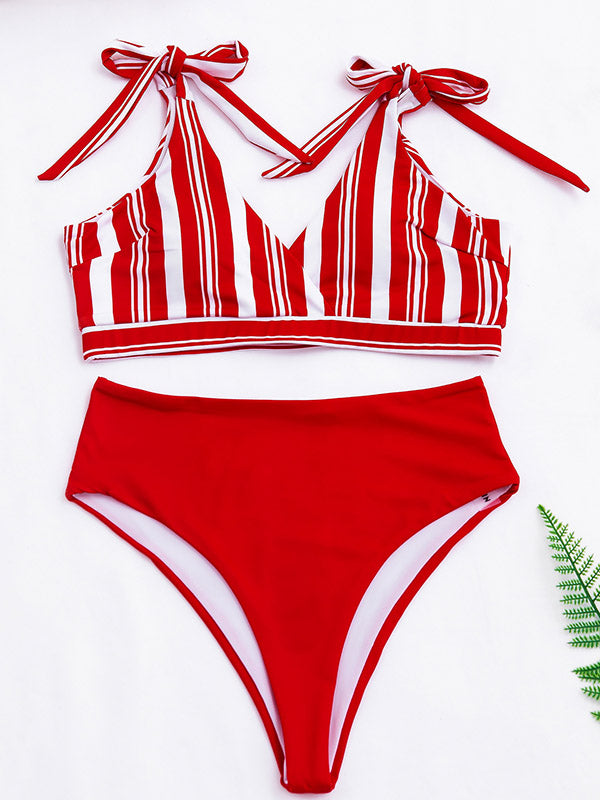 Striped Printed Color-Block Knotted V-Neck Split Bikini Swimsuit