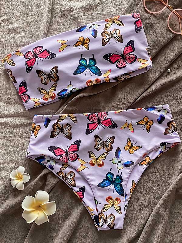 Strapless Butterfly Pattern Split Bikini Swimsuit