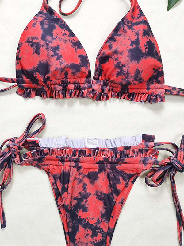 Tie-Dye Halterneck String Bottom Bikini Swimwear