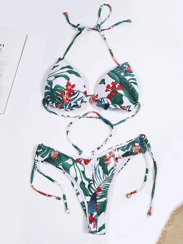 Halterneck Backless Triangles Tie Side Bikini Swimwear