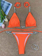 Solid Color Crystal Chain Bandage Bikini Swimsuit