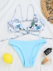 Floral-Print Color-Block Bandage Split Bikini Swimsuit