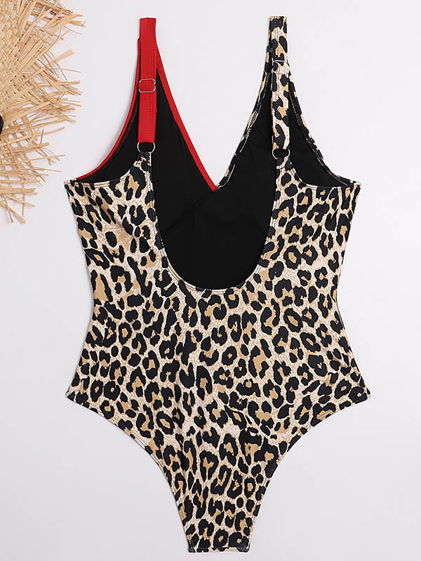 Asymmetric Split-Joint Leopard Print Backless One-Piece Swimwear