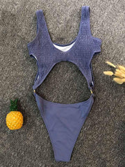 Solid Color Embellished Split-Joint Hollow One-Piece Swimwear