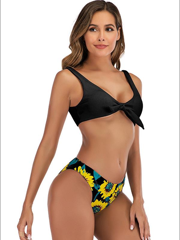 Color-Block Floral-Print Knotted Split Bikini Swimsuit