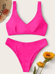 Fluorescent Solid Color Backless Bandage Split Bikini Swimsuit