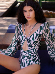 Sexy V-Neck Bandage Printing Long Sleeves One-Piece Swimwear