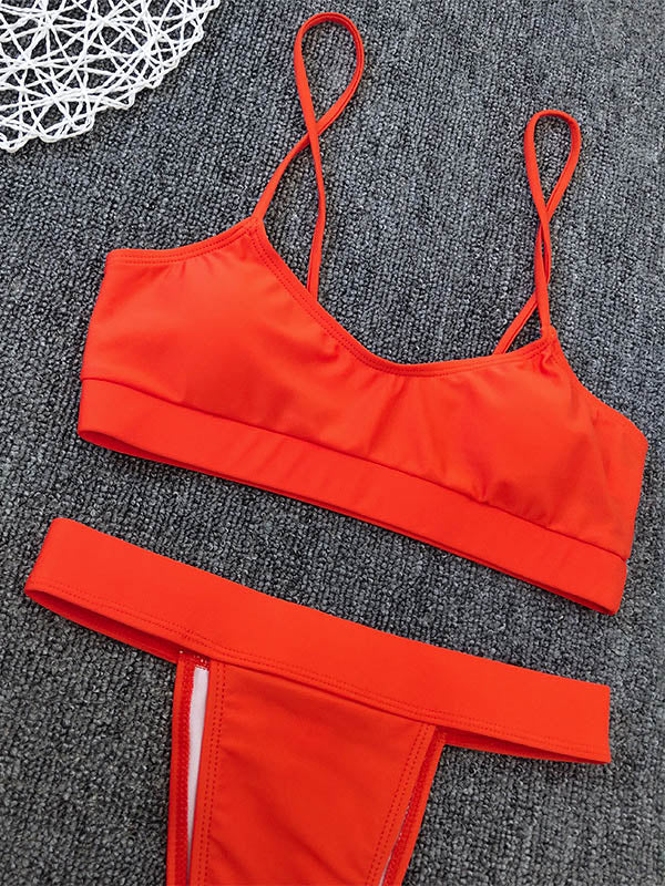 Solid Color Spaghetti-Neck Split Bikini Swimsuit